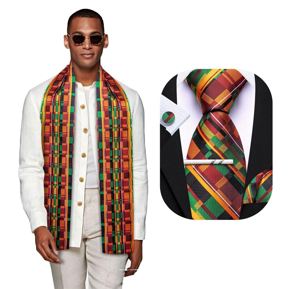 6774 African Kente Scarf and Tie with Tie Clip Silk Necktie Pocket Square